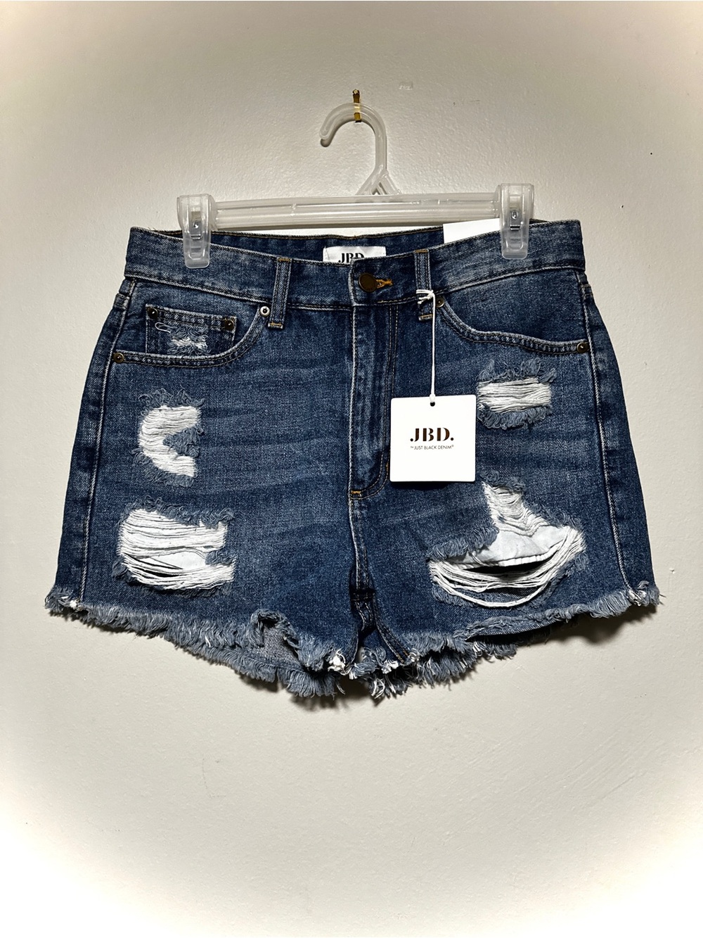 JBD Made in USA High-Rise Distressed Denim Shorts in Dark Blue